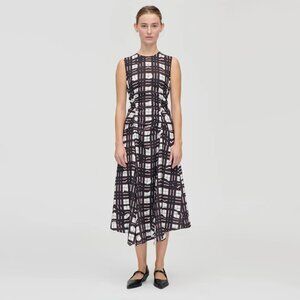 Stine Goya Gathered Midi Dress in Burgundy Checkered Wave, size Small